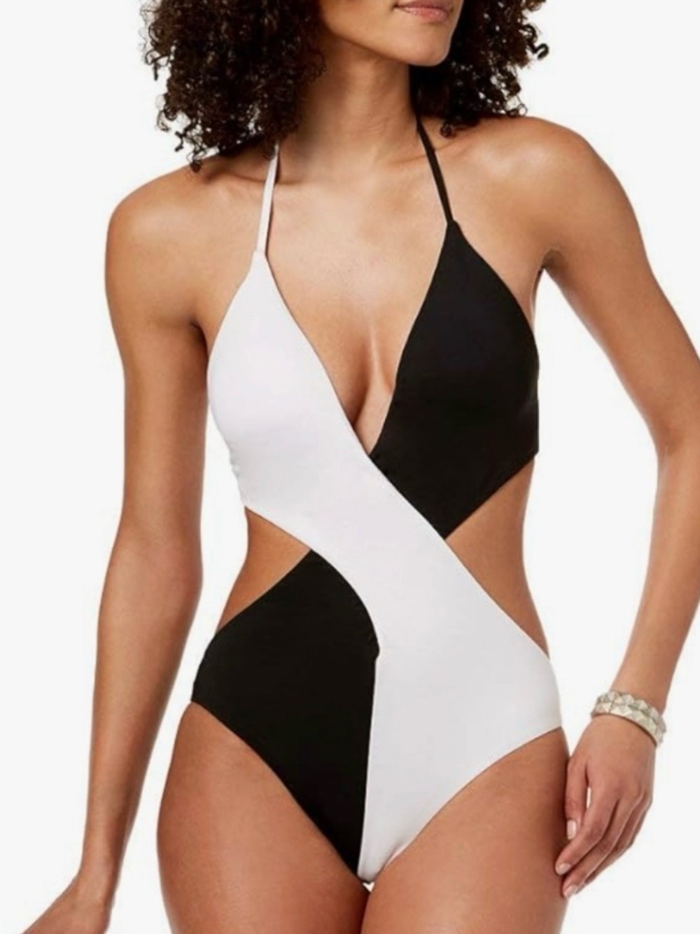 Bar III Black and White Cutout Halter One-Piece Swimsuit